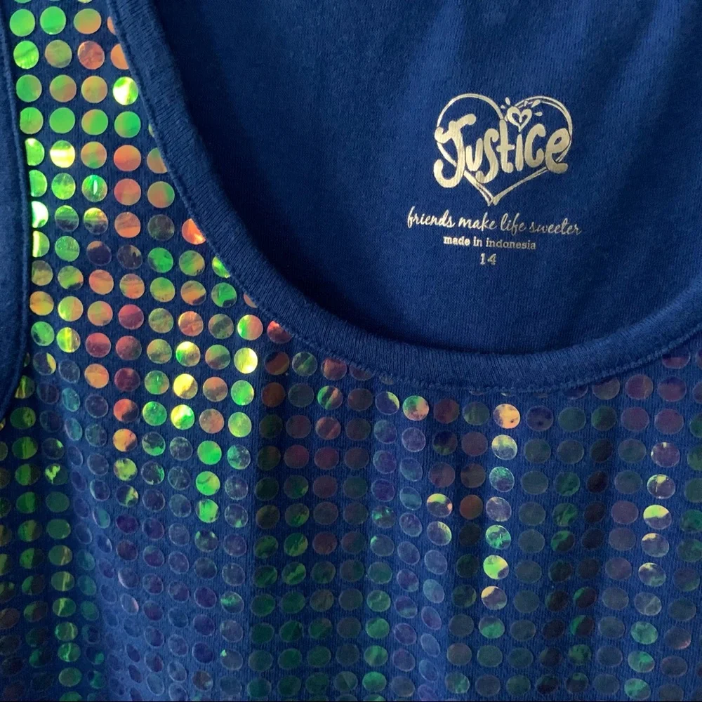 JUSTICE Sequin Top Blue Sleeveless Iridescent Mermaid Girls Size 14